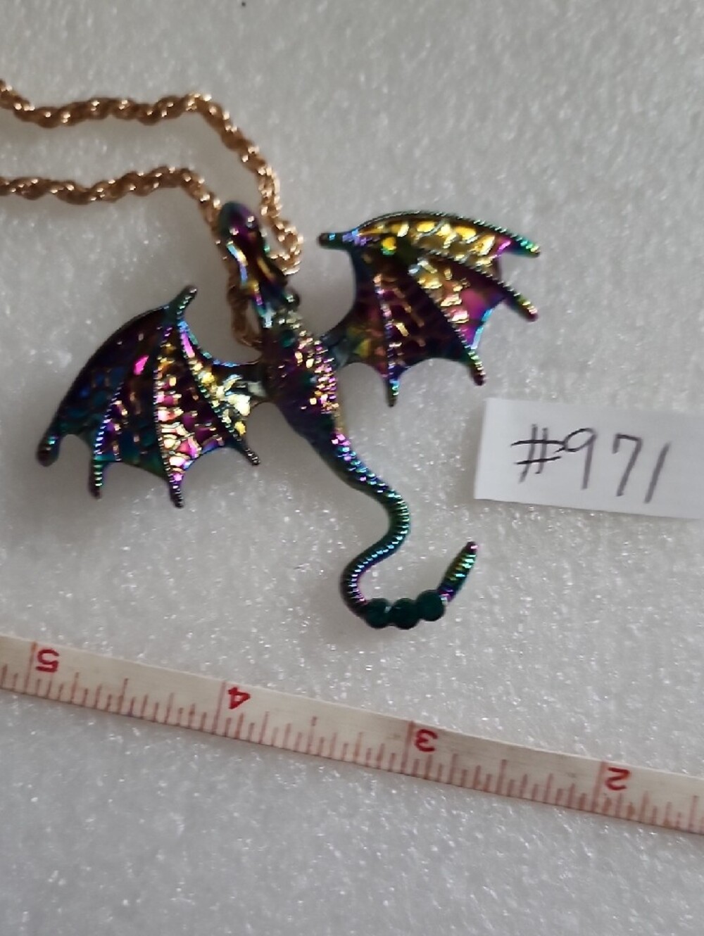 Hand Crafted Iridescent Dragon Pendant Necklace - Gold Chain - Picture 8 of 11